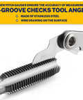 Close-up of 80 Pc SAE And Metric Tap And Die Kit Master Threading Tool Set showing screw pitch gauge with V-groove for tool angle