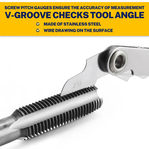 Close-up of 80 Pc SAE And Metric Tap And Die Kit Master Threading Tool Set showing screw pitch gauge with V-groove for tool angle