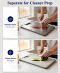 Person using Double Sided Cutting Board With Stainless Steel Edge And Wheat Straw Side Non Toxic Chopping Board With Juice Groove Garlic Grinder And Non Slip Base For Mess Free Kitchen Prep Fourteen By Ten Inches to slice meat and cucumbers