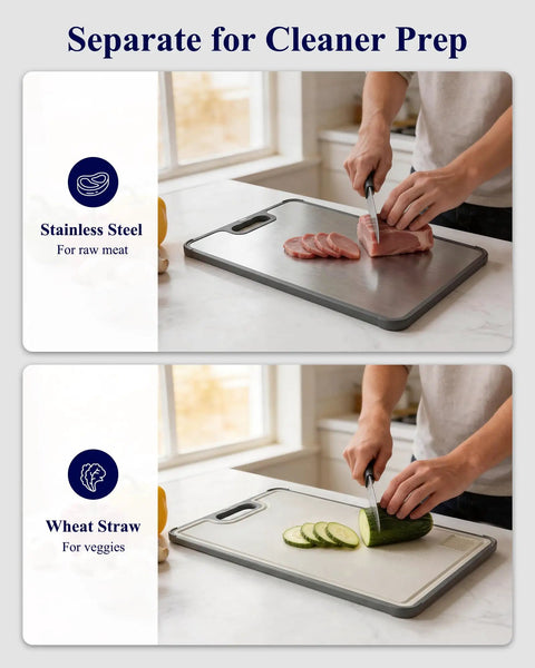 Person using Double Sided Cutting Board With Stainless Steel Edge And Wheat Straw Side Non Toxic Chopping Board With Juice Groove Garlic Grinder And Non Slip Base For Mess Free Kitchen Prep Fourteen By Ten Inches to slice meat and cucumbers