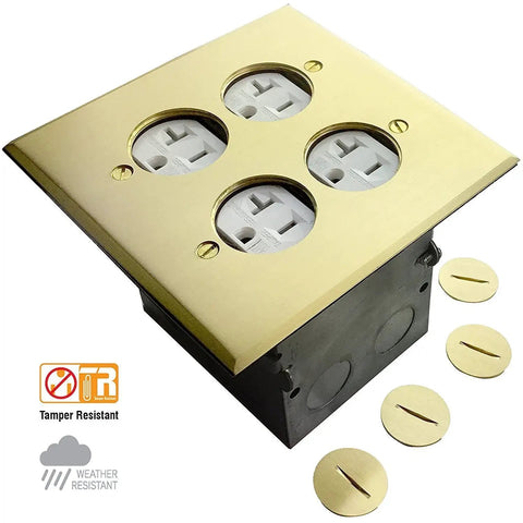 Screw Cap Floor Box Kit For Raised Floors 5x5 Inch 2-Gang Receptacle, 20A Tamper-Resistant, Weatherproof Brass Finish