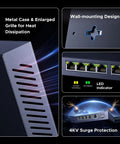 Six Port 2.5Gb Ethernet Switch With Five 2.5Gb Ports And One 10Gb SFP Plus Port, Metal Design, Wall Mountable, Surge Protection