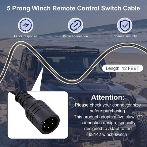 5 Prong Winch Remote Control Switch for Heavy Duty Electric Winches 5000 9000 12000 Lbs Beefed Up Compatibility with UTV ATV Truck Boat Off Road Self Rescue Replacement Numbers Included 5 Fork Design C Type Interface Confirmation, 12 ft cable, 5-pin connector