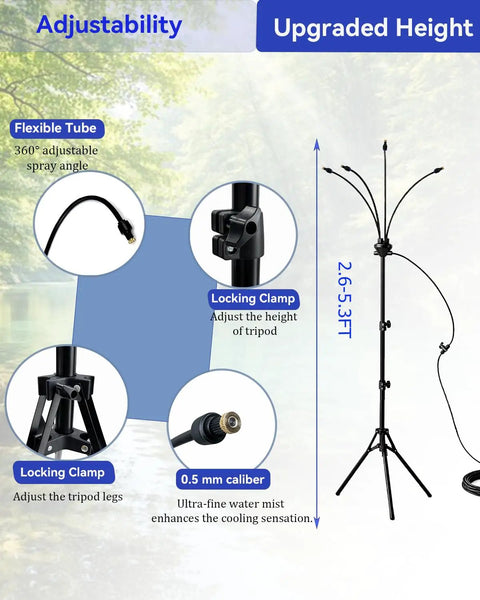 Outdoor Misting System With Adjustable Stand And 360° Flexible Hose Ultra Fine 0.5mm Nozzles For Patio Cooling Backyard Oasis Poolside And BBQ Includes 26Ft Hose And Tripod shown with adjustable height and locking clamp details.