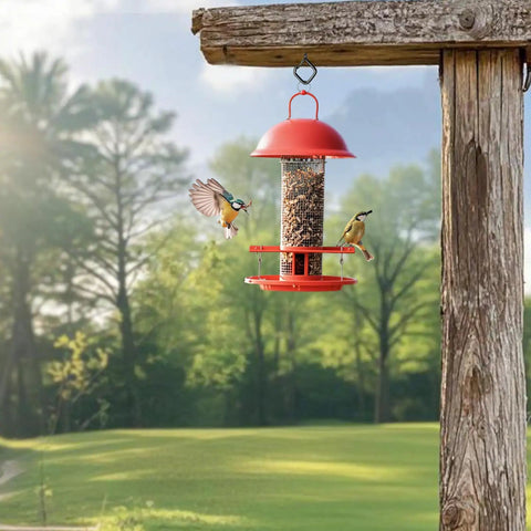 Red bird feeder hanging on wooden beam with birds, using heavy duty 30 pcs black eye screw hooks ceiling hooks for hanging plants.
