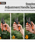 Three images showing Pruning Shears With Stepless Adjustable Handle For Any Hand Size Beast Mode Garden Clippers in S, M, L.