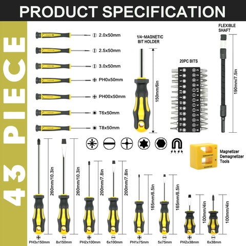 43 Piece Magnetic Screwdriver Set With Sturdy Carry Case And 25 Bit Kit Includes various drivers and bits, product specification display