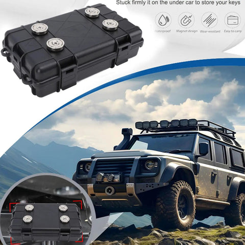 Rugged Weatherproof Magnetic Storage Box with heavy duty mount and locking, shown attached under off-road vehicle