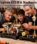 Family assembling the Mini Steam Engine Kit 2 In 1 Beam Engine with Boiler and Lamp Scene DIY Full Metal Build on a table.