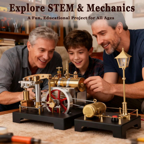 Family assembling the Mini Steam Engine Kit 2 In 1 Beam Engine with Boiler and Lamp Scene DIY Full Metal Build on a table.