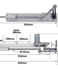 Reciprocating linear actuator with mounting bracket and linkage, metal body, 450mm length, side view