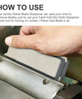 Hand using Top Shelf Four Sided Sharpening Stone With Slick Removable Block And Diamond Sand Strips Grit 300 Through 1000 on jointer blade.