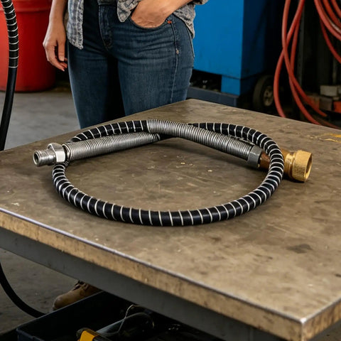 Heavy Duty Compressor Air Hose 4500 PSI Flexible Inflation Tube 19 Inch Length with steel brass connector on table.