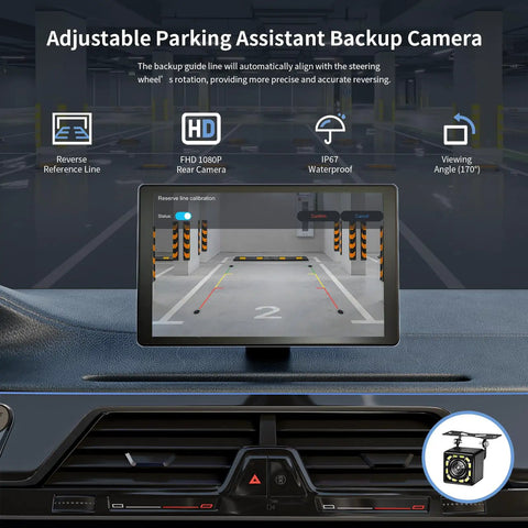 Dashboard view with 9 Inch Wireless Apple CarPlay And Android Auto Dash Receiver displaying parking camera interface.