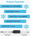 Product specifications of 24V DC Power Supply 4A Universal AC Adapter 100 240V Input To 24V Output 4 Amp Transformer With 5 5mm By 2 5mm Plug Cable Built For CCTV Routers Home Electronics showing input, output, watt, and tip size with a diagram.