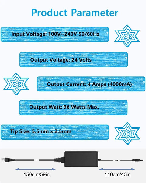 Product specifications of 24V DC Power Supply 4A Universal AC Adapter 100 240V Input To 24V Output 4 Amp Transformer With 5 5mm By 2 5mm Plug Cable Built For CCTV Routers Home Electronics showing input, output, watt, and tip size with a diagram.