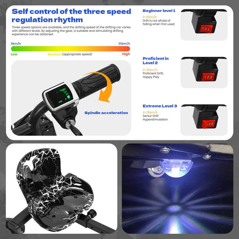 Kids 12V Electric Drift Trike With 360 Degree Drifting Adjustable Seat Front Brake 9 MPH Max Speed Big Wheel Ride On Tricycle For Ages 8 To 14 Black White throttle, seat, and underglow light details