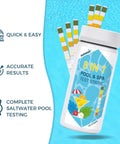 Freaking Easy 125 Pack Salt Water Pool Test Strips Kit For Hot Tub Spa Testing displayed in a pool setting with eight test strips.