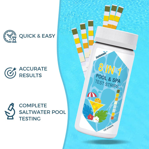 Freaking Easy 125 Pack Salt Water Pool Test Strips Kit For Hot Tub Spa Testing displayed in a pool setting with eight test strips.