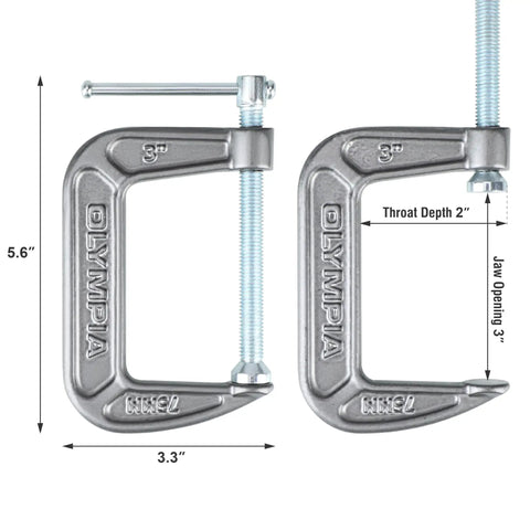 Heavy Duty Cast Iron C Clamps Set For Woodworking And Metalworking, 3 Inch Jaw Opening And 2 Inch Throat, front view