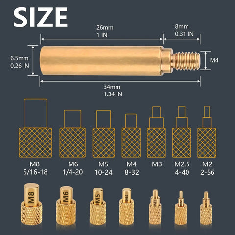 Pro Grade Heat Set Insert Tips For Threaded Inserts M2, M2.5, M3, M4, M5, M6, M8 And One Quarter Inch showing various sizes and dimensions
