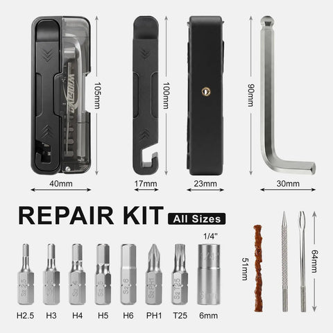 Dimensions and components of Compact Bike Repair Tool Kit With Flip Case L Ball End Hex Wrench 7 S2 Bits Tire Levers Tubeless Tire Plug Strips