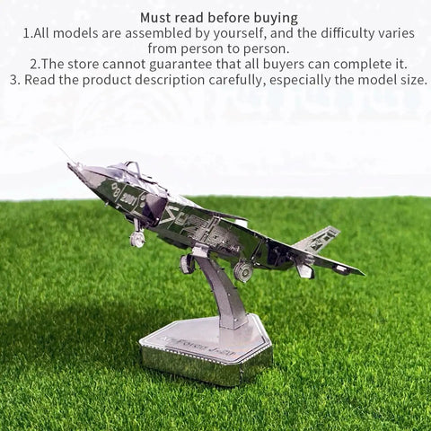 Advanced Dope 3D Metal Puzzle Kit For Adults, Fighter Jet Model J20 on desk display, silver stainless steel, no glue needed