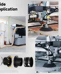 Shop Vac Dust Collector Starter Kit 8 Piece Set for 4 Inch Hoses with adsorptive ports in a workshop setup.