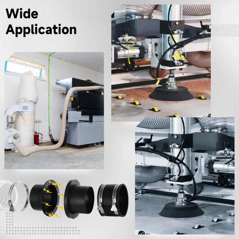 Heavy Duty Adsorptive Dust Collector System Kit For 4 Inch Shop Vac Hoses shown in woodworking environment with quick connect ports.