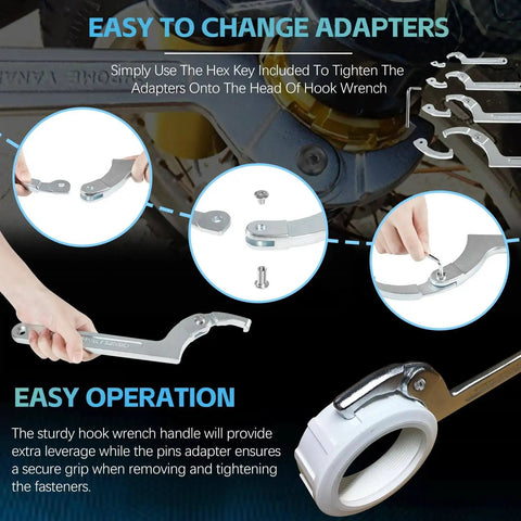Adjustable Pin Spanner Wrench Set With 9 Piece C Spanner Heads and Changeable Attachments shown with adapters and hooks