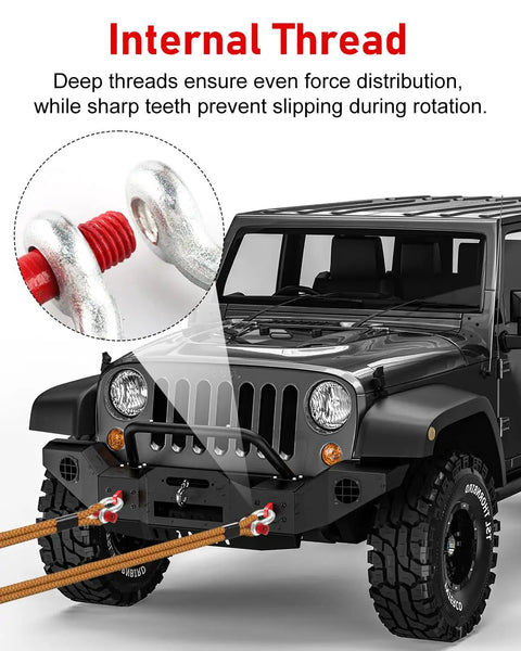 3 Piece Set Of One Half Inch D Ring Shackles Crafted From Tough As Nails Galvanized Steel Clevis Hardware Featuring Thickened Pin Design For Beast Grade Rigging Strength Plus Top Shelf Load Distribution And Zero Slip Safety Every Time with visible internal threads on a black vehicle.