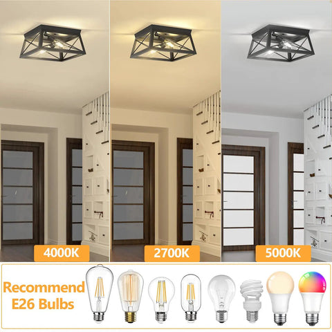 Industrial Ceiling Light Fixture 2 Light Farmhouse Semi Flush Mount Black Metal Cage With Faux Wood Finish shown with color temperature settings and recommended E26 bulbs.