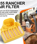 455 Rancher air filter from the All In One Husqvarna 455 Rancher Chainsaw Maintenance Kit With Air Filter Fuel Line Primer Bulb Fuel Filter Spark Plug For 455 455R 460 460R 461 Models and person using chainsaw in forest
