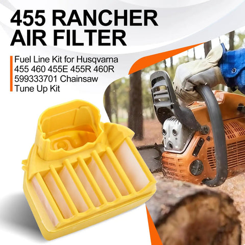 455 Rancher air filter from the All In One Husqvarna 455 Rancher Chainsaw Maintenance Kit With Air Filter Fuel Line Primer Bulb Fuel Filter Spark Plug For 455 455R 460 460R 461 Models and person using chainsaw in forest