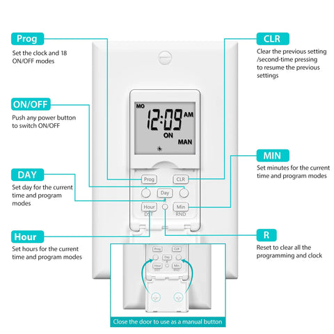 7 Day Programmable In Wall Timer Switch For Lights And Fans Digital Light Timer interface and buttons detail.