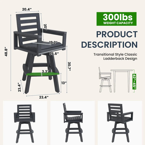 Outdoor HDPE Swivel Bar Stool 360 Degree Rotation Bar Height Ladderback Chair For Patio Deck And Poolside Weather Resistant Slate Gray