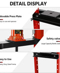 Heavy Duty Hydraulic Bench Shop Press Packing Real Crushing Power For Auto Body Work and Daily Shop Projects With Smooth Pump Handle and Tough Red Steel Construction For Any Garage detail view showing movable press plate and safety valve.