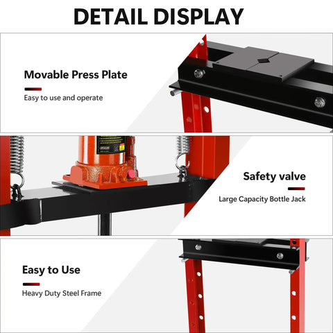 Heavy Duty Hydraulic Bench Shop Press Packing Real Crushing Power For Auto Body Work and Daily Shop Projects With Smooth Pump Handle and Tough Red Steel Construction For Any Garage detail view showing movable press plate and safety valve.