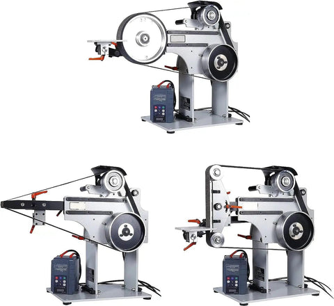 Heavy Duty 2x72 Inch Belt Grinder Sander With VFD Motor And Three Grit Belts For Knife Making Bladesmithing And Metal Working Shop Workhorse Kit Plus 220V Power in three angles.
