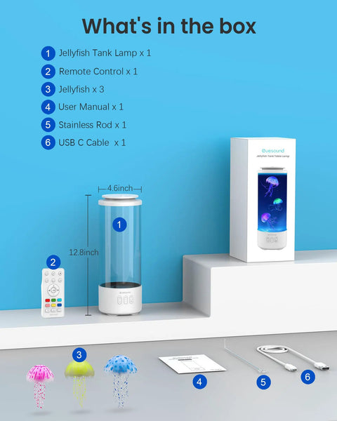 What's in the box for Jellyfish Lamp Bluetooth Speaker With White Noise, 7 Color Changing Ocean Tank Light.