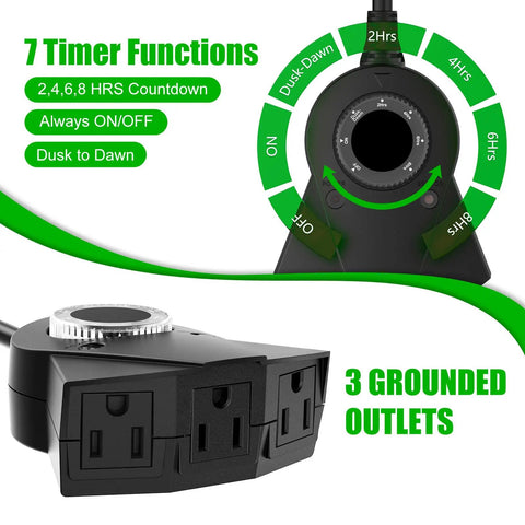 Outdoor Waterproof Plug In Light Timer With Photocell Sensor Dusk To Dawn Auto On Off 24 Hour Countdown Modes 2 4 6 Or 8 Hours No Fuss Setup Weatherproof Outdoor Outlet For Backyard Garden Patio Christmas Decorations