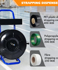 Heavy Duty Strapping Dispenser Cart For 8x8 Steel And Poly Strapping Coils, Durable Steel Construction With Spacious Tray For Strapping Tool, Seals, And Gloves, Keeps Coils From Unwinding On Oscillating Coils. Blue steel cart with black coil for PET, polypropylene, and fibre strapping