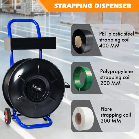 Heavy Duty Strapping Dispenser Cart For 8x8 Steel And Poly Strapping Coils, Durable Steel Construction With Spacious Tray For Strapping Tool, Seals, And Gloves, Keeps Coils From Unwinding On Oscillating Coils. Blue steel cart with black coil for PET, polypropylene, and fibre strapping