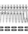 10 Piece Security Torx Bit Set T6 Through T40 With One Quarter Inch Hex Shank Magnetic Tamper Proof Star Bits S2 Steel Chrome Plated