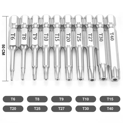 10 Piece Security Torx Bit Set T6 Through T40 With One Quarter Inch Hex Shank Magnetic Tamper Proof Star Bits S2 Steel Chrome Plated