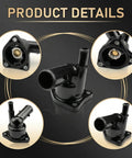 Top Tier Coolant Thermostat Housing Assembly Bolt On Fit Precision Machined with detailed views, showcasing multiple angles and components.