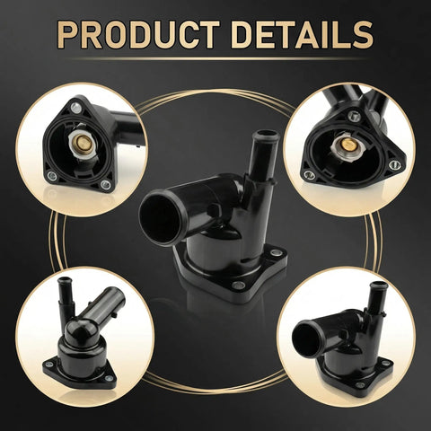 Top Tier Coolant Thermostat Housing Assembly Bolt On Fit Precision Machined with detailed views, showcasing multiple angles and components.