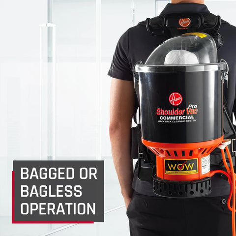 Person wearing Backpack Pro Vacuum With HEPA Media Filter And Extra Long Cord Lightweight Bagged Cleaning System on back