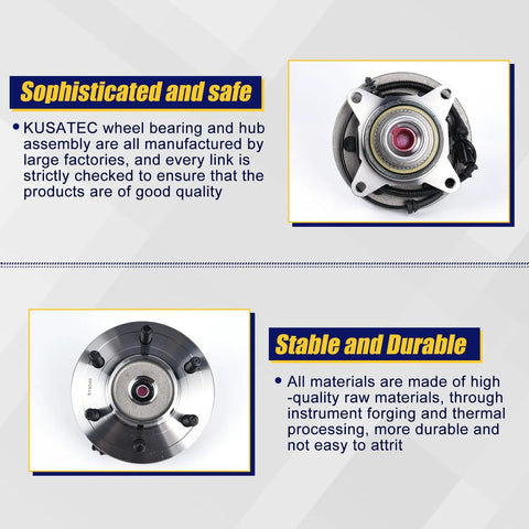 Front Wheel Bearing And Hub Assembly 515046 Fit For 2004 2005 Ford F150 Heritage Front 4WD With 6 Lug Bolts And ABS Reliable Replacement Part Premium Replacement With Easy Bolt On Fit Ships Fast, front and side view on display board.