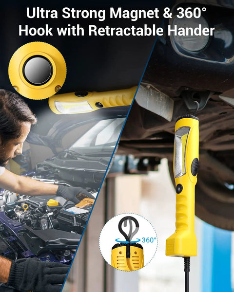 Workhorse Handheld LED Work Light With 15 Ft Cord 1200 Lumen Brightness Underhood Ready Magnet Mount And Swivel Hook Corded Trouble Light For Garage Workshop And Car Repair ETL Listed Durable Waterproof 16 3 SJTW Cable in use under a car hood with magnet and hook visible.